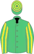 Emerald green, yellow striped sleeves, hooped cap