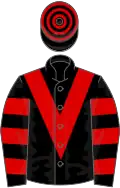 Black, red chevron, hooped sleeves and cap