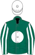 Dark green, white disc, striped sleeves, white cap