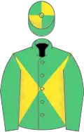 Emerald green and yellow diabolo, emerald green sleeves, quartered cap