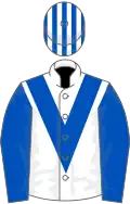 White, royal blue chevron and sleeves, striped cap