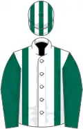 White, dark green braces and sleeves, striped cap