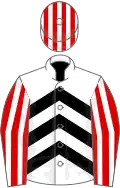 White, black chevrons, red and white striped sleeves and cap