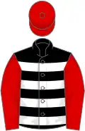 Black, White hoops, Red sleeves and cap