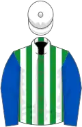 Green and white stripes, royal blue sleeves, white cap