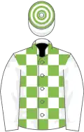 White and light green check, white sleeves, hooped cap