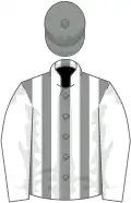 Grey and white stripes, white sleeves, grey cap