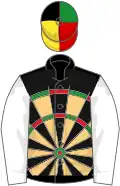 BLACK, YELLOW yoke, RED disc, WHITE and red halved sleeves, GREEN and BLACK quartered cap