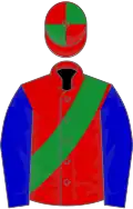 Red, green sash, blue sleeves, red and green quartered cap