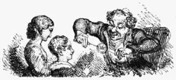 An image of a man delighting two children by pulling the strings of a thaumatrope.