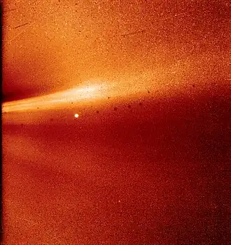 Photo from the WISPR shows a coronal streamer, seen over the east limb of the Sun on Nov. 8, 2018, at 1:12 a.m. EST. The fine structure of the streamer is very clear, with at least two rays visible. Parker Solar Probe was about 16.9 million miles (21.2 million km) from the Sun's surface when this image was taken. The bright object near the center of the image is Mercury, and the dark spots are a result of background correction.[99]