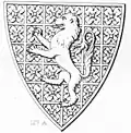 Arms of Percy, Beverley Minster, c.1350: A lion rampant. The diaper decoration of squared quatrefoils in the field has not been included in the blazon. Were the shield to show the tinctures, the blazon would be: Or, a lion rampant azure[9]