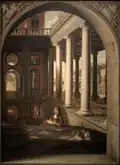 Perspective view with a young man reading in a renaissance palace, 1662/67, Canvas, 238.5 x 174 cm, Dordrechts Museum
