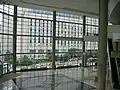 Inside the main lobby looking out to Scaife Hall