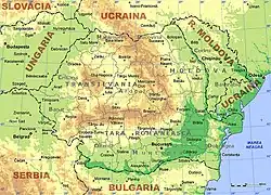 Image 48Physical and administrative map of Romania, with the historic regions in grey (Țara Românească means Wallachia). (from Geography of Romania)