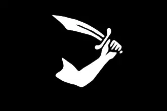 Tew's personal standard is often depicted as a black flag with a white arm holding a short sword. Buccaneers Edmund Cooke and Edward Davis used a similar design, except Cooke used a red-and-yellow striped field while Davis used a white field with a black arm holding a sword on it. However, there is no evidence from period sources that Tew ever flew this flag, which is a 20th-century attribution.[48]