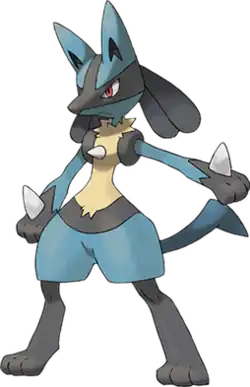 A bipedal blue and black jackal with tan fur on its torso. It has a spike on its chest, and on the end of its two arms.
