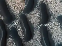 The edge of a dark dune field on the floor of Proctor crater