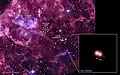 wide-field composite view of the supernova remnant Puppis A (X-rays from ROSAT in purple, optical data in pink) (28 November 2007)