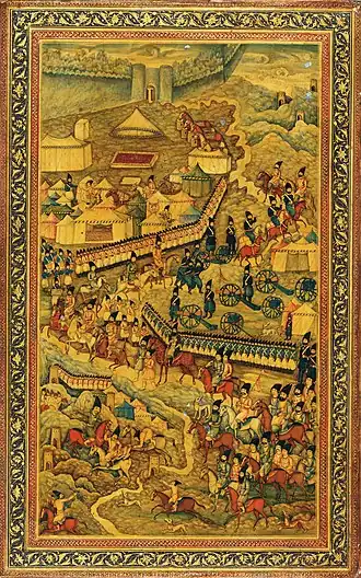 Illustration of a battle scene. Depicted are cavalry, artillery and infantry marching and setting up camps outside a fort