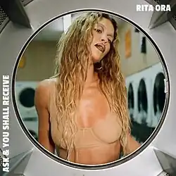 A circular image of a woman in a laundromat