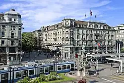 The statue faces Bahnhofstrasse, Zurich's main shopping avenue