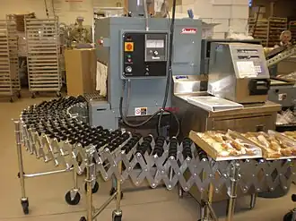 Bakery goods shrinkwrapped by shrink film, heat sealer and heat tunnel on roller conveyor