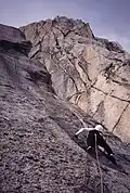 Leading towards the classic dihedral pitches, lower part of the route