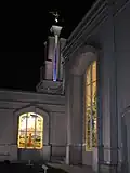 Colored stained glass and spire.