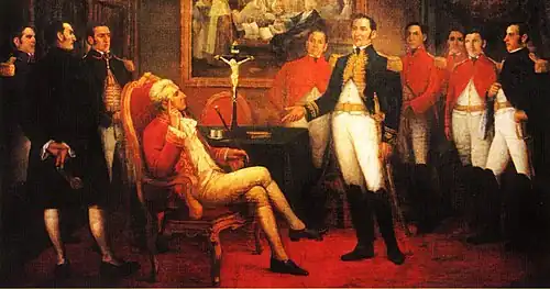 Peace negotiations between Viceroy la Serna and San Martín (La conferencia de Punchauca, c. 1921