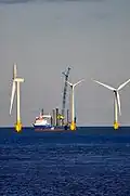 A Jackup rig servicing one of the wind turbines