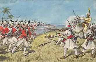 an art depicting a war between two horse troops