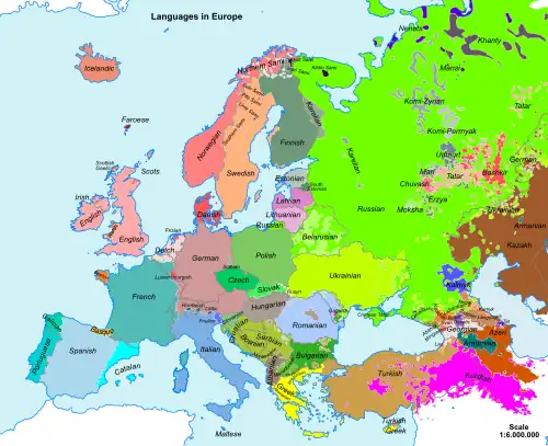 color-coded map of most languages used throughout Europe