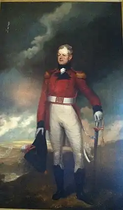 Sir George Prevost with sword from Nova Scotia House of Assembly to commemorate his victory at Martinique.[3] By Robert Field