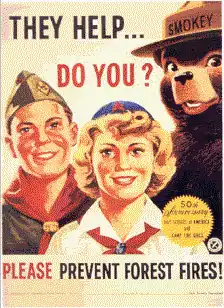 Image 4Smokey Bear with members of the Boy Scouts of America and the Camp Fire Girls celebrating the 50th anniversary of their founding in 1910 (from Scouting in popular culture)