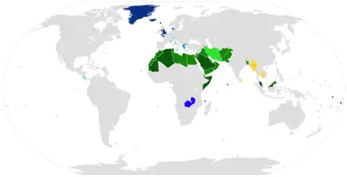 Nations with Christianity as their state religion are in blue.