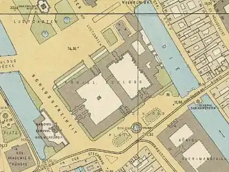 Old map with Neptunbrunnen on the Schlossplatz as SCHLOSS BRUNNEN, 1910