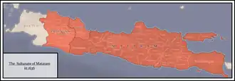 The maximum extent of Mataram Sultanate during the reign of Sultan Agung Anyokrokusumo (1613–1645)