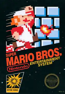 A black box with a pixelated image of Fire Mario jumping near a wall, about to fall below the lava.