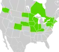 Symphyotrichum × amethystinum recorded occurrences: Canada — Ontario; US — Colorado, Connecticut, Illinois, Indiana, Iowa, Kentucky, Maryland, Massachusetts, Minnesota, Missouri, Nebraska, New Jersey, New York, North Dakota, Pennsylvania, Rhode Island, Vermont, Washington, and Wisconsin.