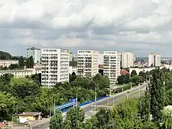 Apartment buildings in Pomorzany, at the corner of Powstańców Wielkopolskich Avenue and Frysztacka Street, in 2010.