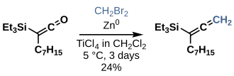 The Marsden group applied the Takai-Oshima-Lombardo methylenation to silyl ketenes to afford allenylsilane compounds.