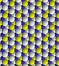 View of trioctahedral sheet of talc. Yellow spheres are hydroxyl; blue are magnesium. Apical oxygen binding sites are white.