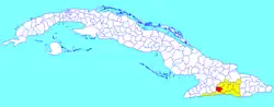 Tercer Frente municipality (red) within Santiago Province (yellow) and Cuba