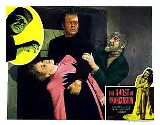 Evelyn Ankers, Lon Chaney Jr. as the monster and Bela Lugosi as Ygor in The Ghost of Frankenstein (1942)