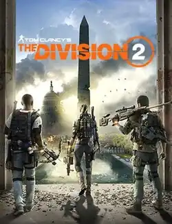 Artwork of a vertical rectangular box that depicts a large stadium. The top portion lists the game's title. Three soldiers each holding weapons and wearing battle gear stand at a large entrance overlooking the Lincoln Memorial Reflecting Pool, the Washington Monument and the United States Capitol Building. Numerous bullet casing are at the soldiers' feet, while smoke fills the sky and combat vehicles are scattered across the background.