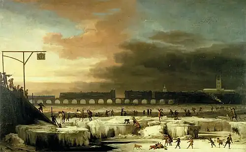 The Frozen Thames by Abraham Hondius in the Museum of London, showing Old London Bridge and what is now Southwark Cathedral in 1677.