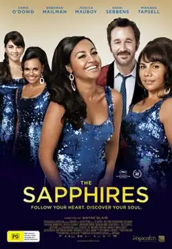 Four woman in sparkling blue dresses, a smiling mustached man wearing a red dinner jacket stands behind them.