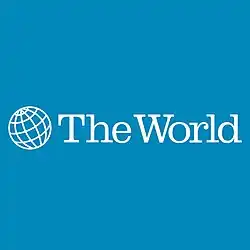 White wireframe Earth to the left of white serif text reading "The World" on cyan blue background.