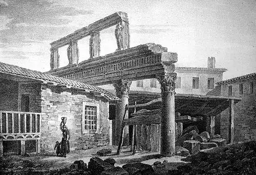 1831 engraving of Las Incantadas, a Roman portico in the city, the sculptures were removed and taken to the Louvre in 1864